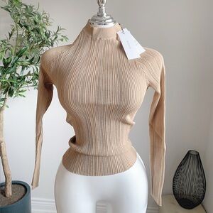 SHEIKE Ribbed Knit Turtleneck Top Latte Beige S NWT